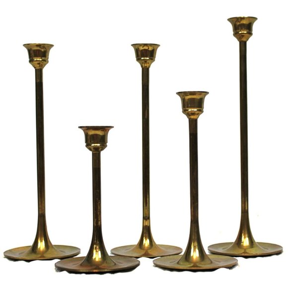Vtg 1970s 5 Brass Taper Candlesticks Holders Graduating Dinner Tiered Skinny - Picture 1 of 7